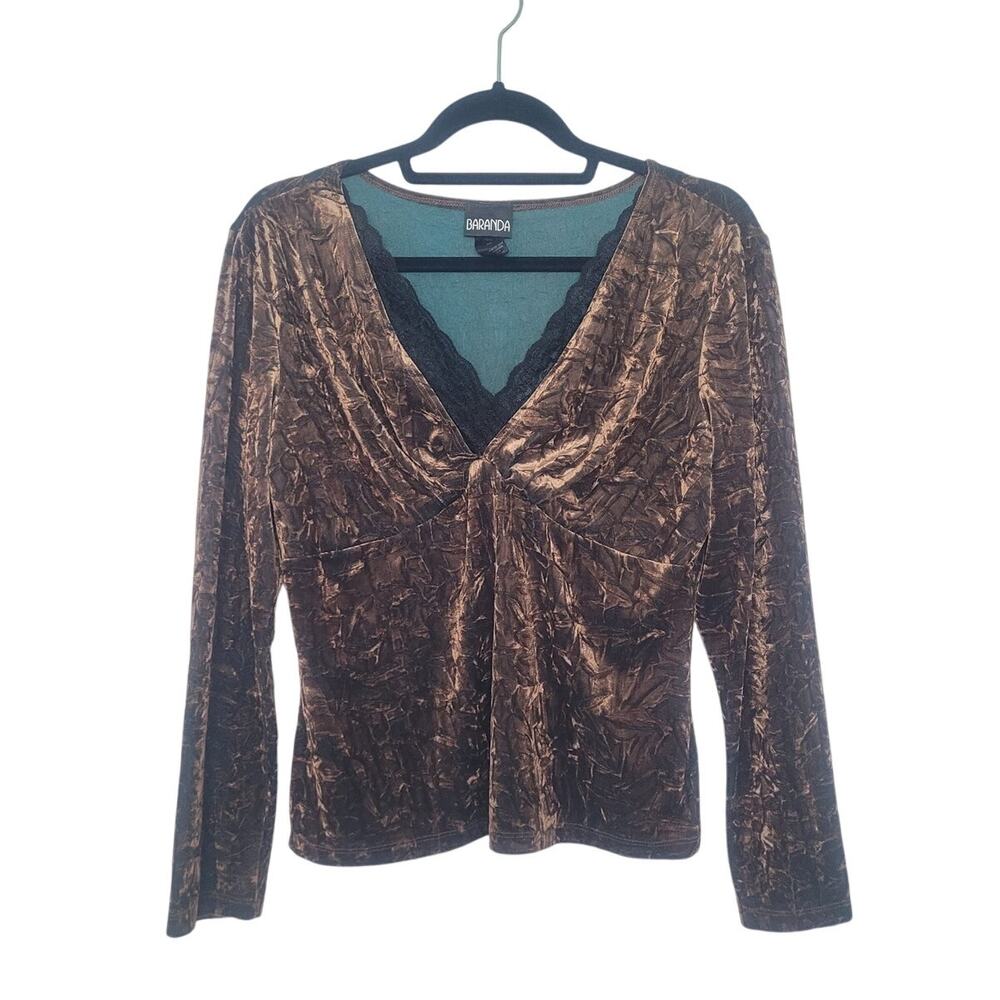 Y2k Baranda Crushed Velvet Babydoll Lace Trim Top Sz XL Brown Forest Fairy Boho